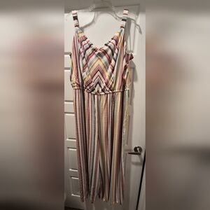 Lane Bryant Striped Sleeveless Jumpsuit in Pink, Yellow, White and Brown